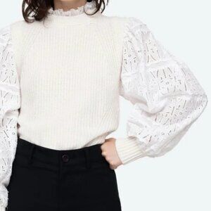 Sea New York Iris Eyelet Sleeve Mock Neck Cotton Combo Sweater Cream Sz Large